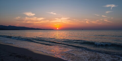 Aegean sunset over a calm shoreline with reflected light, natural beauty, Earth Day
