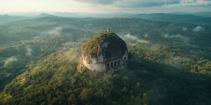 Birds eye perspective of Lions Rock, a large sandstone structure serving as a historic site, highlighting preservation