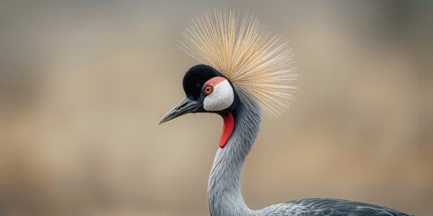 Fototapeta premium Black crowned crane headshot focusing on plumage and beak features, ideal for bird identification or ornithology backgrounds