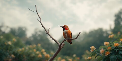 Fototapeta premium Detailed shot of a bright orange Rufous hummingbird resting on a slender branch amid park foliage on an overcast day, highlighting avian resting habits