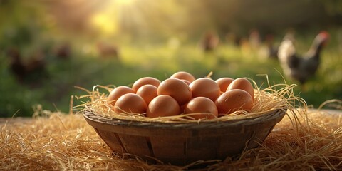 Chicken eggs in nest, emphasizing organic farming and hatchery conditions, World Food Day