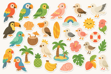 Fototapeta premium Colorful tropical stickers featuring parrots, palm trees, and beach-themed elements