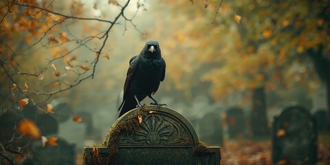 Fototapeta premium A crow sitting atop a tombstone, symbolizing death and reflection, relevant for All Souls Day or memorial observances