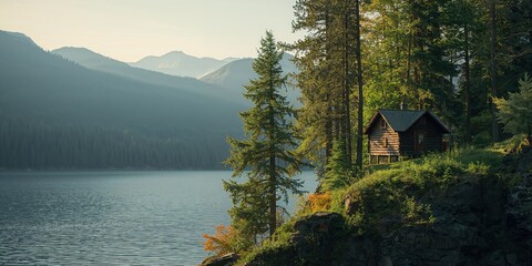 A rustic wooden cabin nestled on a hillside beside a lake, highlighting hillside architecture and forest surroundings