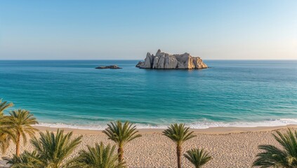 Fototapeta premium Coastal landscape featuring turquoise waters, rocky island and nearby resort, ideal for background use