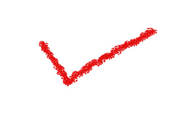 A red hand drawn check mark or tick symbol indicating approval or completion on a black background isolated on transparent background