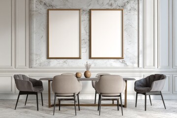 Elegant dining room features a table and chairs with blank picture frames.