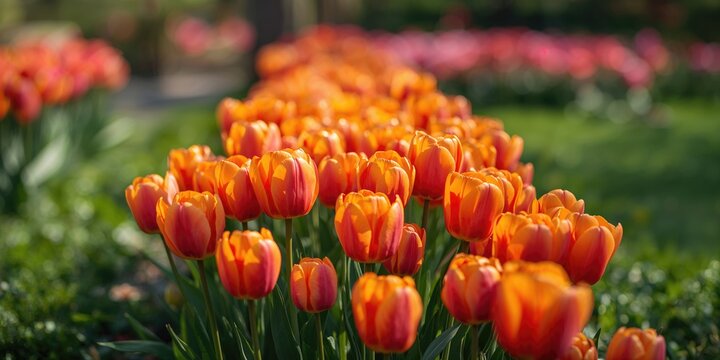 Blooming orange tulips in spring, a vibrant floral display for seasonal gardens - Powered by Adobe