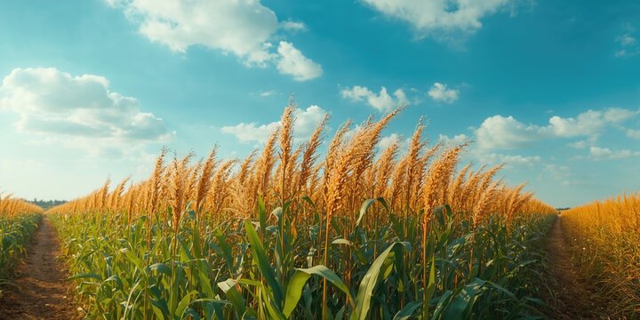 Tall sorghum stalks with colorful seed heads sway in a sunny rural landscape, highlighting agricultural richness