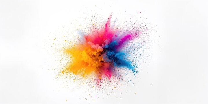 Colored powder explosion against a white backdrop, visual impact for artistic or event use