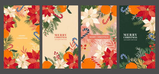 Colorful Christmas Covers For Social Media. Greeting card templates with coniferous branches, tangerines, poinsettia. Vector design