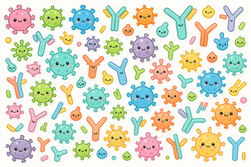 Obraz premium Colorful cartoon virus and antibody characters with smiling faces