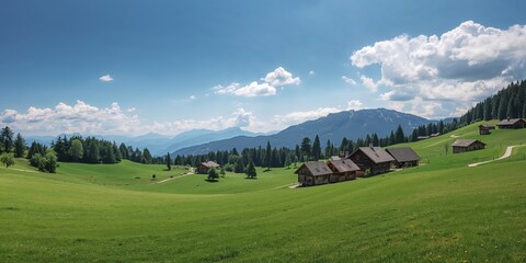 Naklejka premium Alpine mountain settlement featuring rustic wooden homes, highlighting regional building traditions