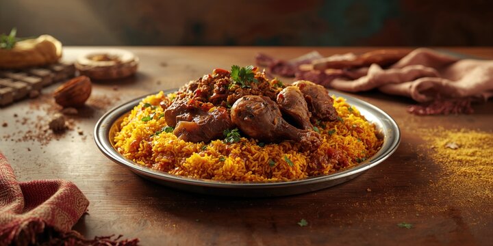 Arabian dish featuring seasoned rice and cooked meats for balanced nutrition, food preparation emphasis