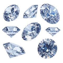 Eight transparent, multifaceted diamonds are arranged on a plain white background, creating a sparkling composition