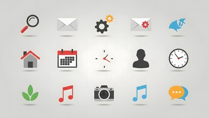 A collection of modern flat design icons representing various common digital and everyday concepts for user interface design and web applications