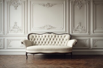 Ornate white tufted sofa in elegant room with decorative wall panels.
