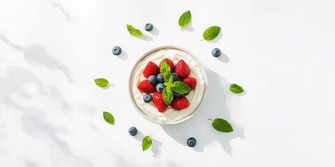 Cottage cheese topped with strawberries, blueberries and mint leaves arranged for a nutritious meal, emphasizing fresh ingredients, National Nutrition Month