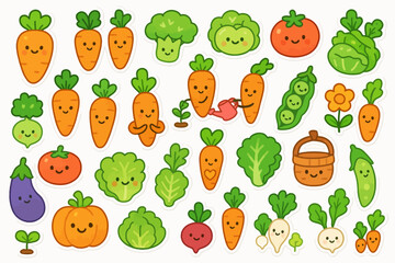 Smiling cartoon vegetables and fruits with personified faces in playful garden theme