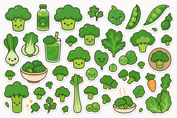 Cute green vegetable stickers collection with adorable faces and variety