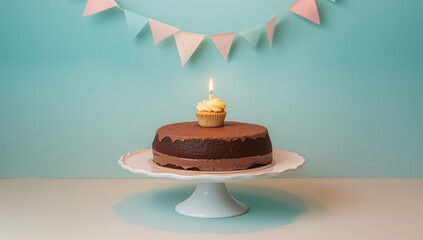 Yellow candle on a cake against a blue surface, party or festive atmosphere