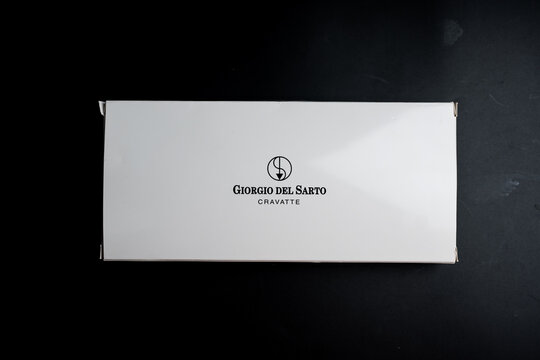 Bangkok, Thailand - December 11, 2025 : Giorgio del sarto cravatte, black necktie in box