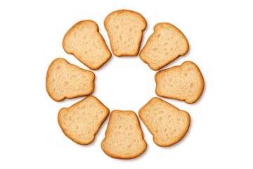 Dry toasted bread slices forming a circular frame on a transparent background, savory crunchy snack for breakfast