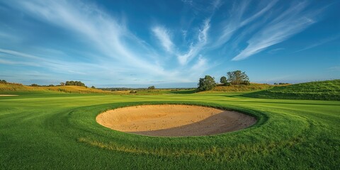 Naklejka premium Golf course bunker viewed from above focusing on course layout, landscape design, and maintenance practices