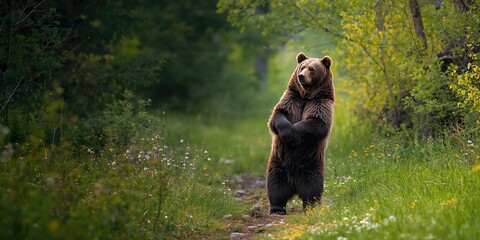 Fototapeta premium Brown bear standing on hind legs in a spring forest, wildlife observation during seasonal change