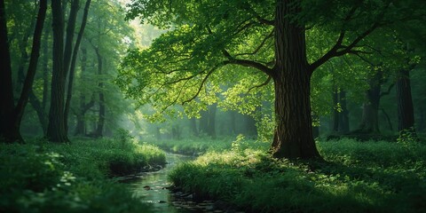 A vibrant woodland landscape highlighting natural preservation with layered tree canopies and sunlight