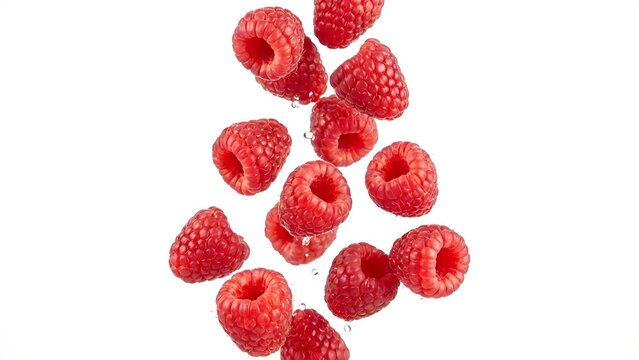 Bright Red Raspberries Floating in Midair Composition