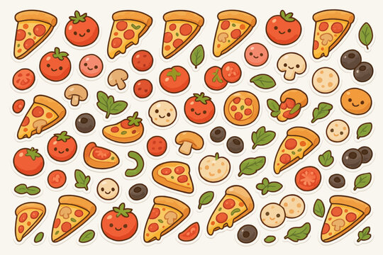 Colorful cartoon pizza and toppings pattern with smiling faces