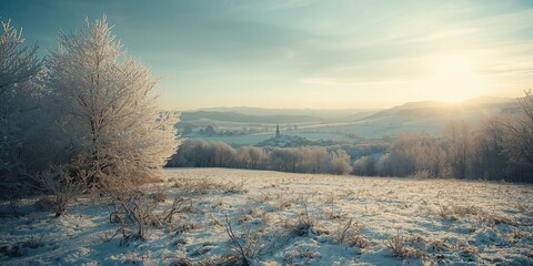 Frost-covered foliage and gentle hills in a rural winter scene emphasizing seasonal transition