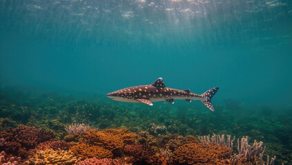 Obraz premium Underwater scene with zebra and leopard sharks amid vibrant coral formations, marine biodiversity focus