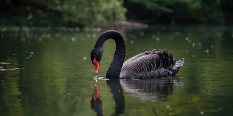 Black swan swimming on a park water body, highlighting wildlife in natural habitats, World Environment Day