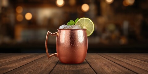 Naklejka premium Moscow mule served in a copper mug, traditional presentation for cocktail preparation