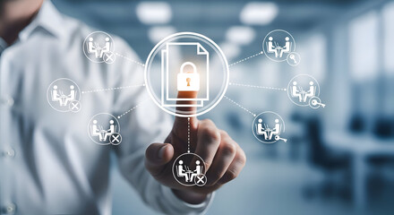 Businessman finger touches secure document access control interface symbolizing data protection and restricted user permissions in a modern office setting