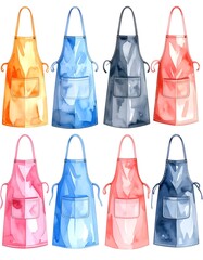 Eight watercolor aprons in a grid, various colors with ties and pockets, on a white background