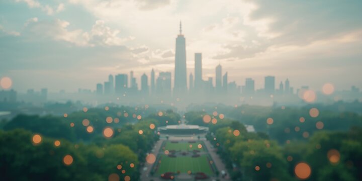 Out-of-focus skyline used as a backdrop for editorial header or graphic layout, city scene background