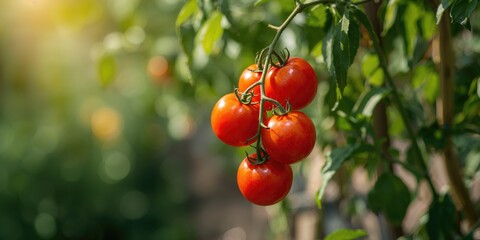 Obraz premium Fresh red tomatoes in an organic vegetable garden, natural produce for healthy eating