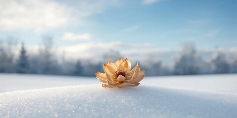 Dried blossoms scattered on snow-covered ground, seasonal change