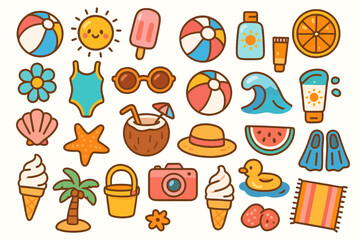 Summer beach icons: sun, swimwear, ice cream, and more in vibrant cartoon style