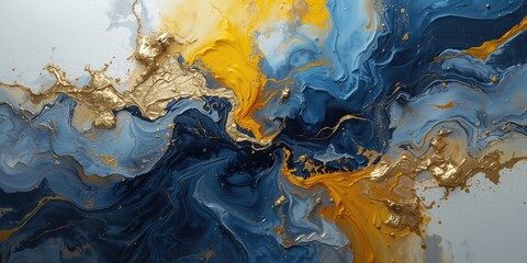Gold and blue oil painting with abstract patterns, suitable as a decorative backdrop for digital layouts