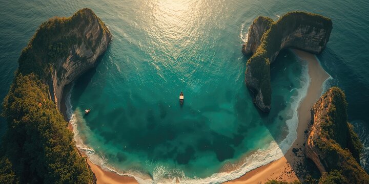Birds-eye perspective of Nunggalan beach featuring clear waves and coastal scenery, ideal for tourism layouts