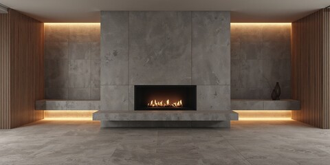 Fototapeta premium Contemporary studio with grey stone walls, wood, tiles, and LED lighting, serving as a versatile background for design projects