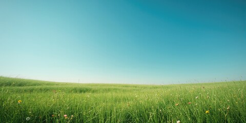 Naklejka premium Vivid green grass with a bright blue sky, suitable for outdoor scene backgrounds, Earth Day