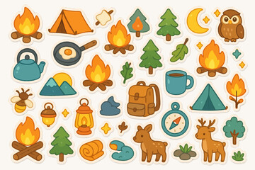 Fototapeta premium Cute camping stickers: adorable cartoon icons of nature and outdoor adventure