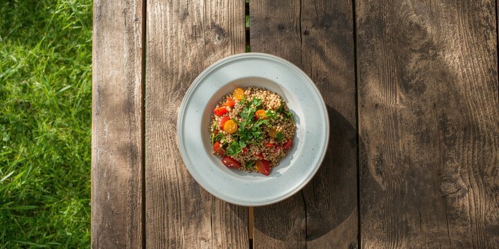 Kamut meal featuring organic garden vegetables like tomato and pepper, healthy plant-based ingredients