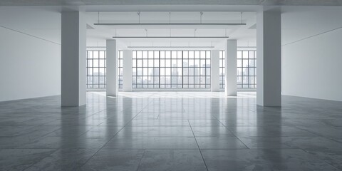Obraz premium Unoccupied office space featuring industrial aesthetics, concrete floors, white walls, columns, and city view windows, ideal for modern offices