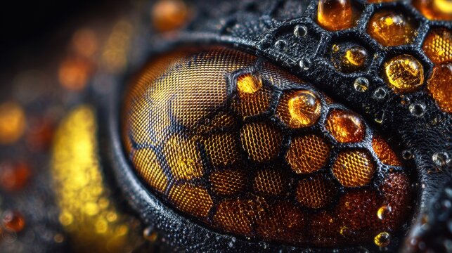 Extreme close-up of a textured, gold-colored insect eye with water droplets around the surface